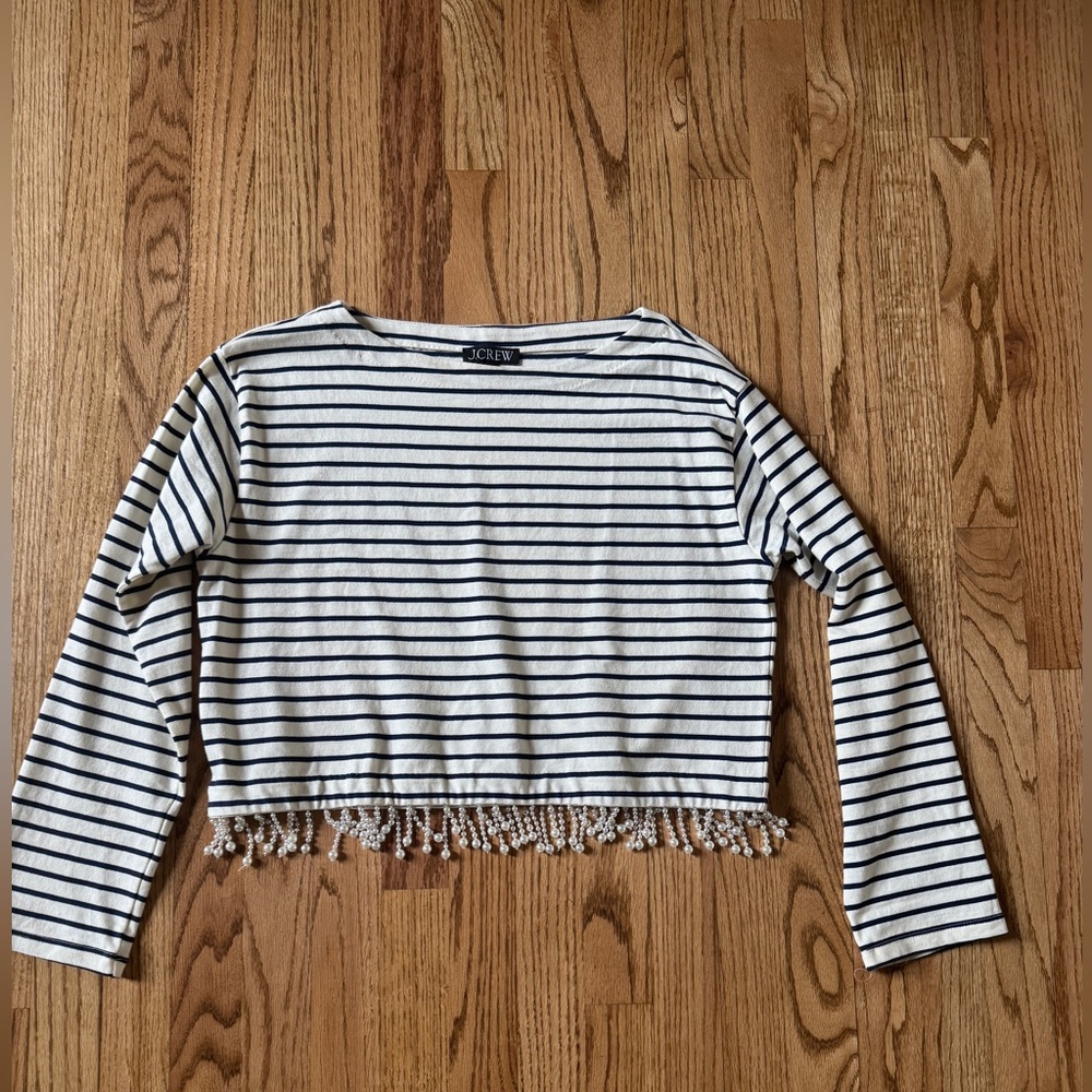 J. Crew Navy and Cream Striped  Top with Pearl Beaded Trim. Size small.